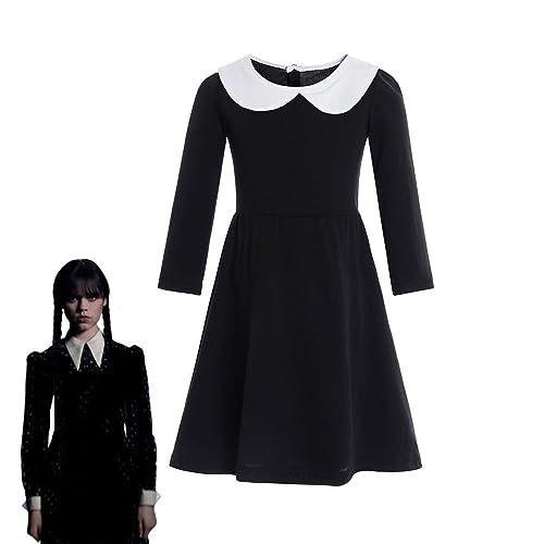 Image of FancyDressWale Wednesday Addams Costume Girls Peter Pan Collar Dress Long Sleeve Halloween Addams Family Costume Black dress Outfit