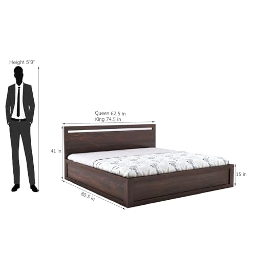 Image of Solid Sheesham Wood Queen Size Bed with Hydraulic Storage for Living Room Bedroom Home | Wooden Queen Size Cot Palang (Walnut Finish) - 1 Year Warranty