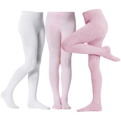 Image of Zando 3Pack Girls Tights Kids Cable Knit Cotton Winter Warm Leggings 4-12T | Footed Seamless Stockings for Girls, School Uniform and Daily Skirt Wear. Thick Warm Fabric with High Stretch