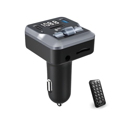 QUMOX Transmetteur FM Bluetooth 5.3 pour Voiture C66 avec Télécommande, Lecture AUX/USB/Carte TF, Double Port USB-C 3.1A Charge Rapide, Appels Mains Libres