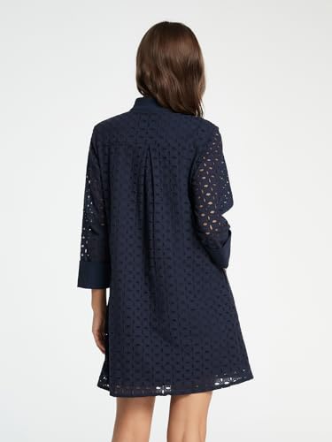 D-Sun Women's Long Sleeve Mini Dress Hollow Out Eyelet Stand Collar V Neck A Line Shift Short Dresses3