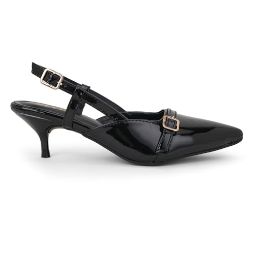 Image of Women's Pointed Toe Kitten Heels, Elegant Glossy Patent Leather Slingback Pumps with Adjustable Buckle Strap, 2-Inch Pencil Heel Sandals
