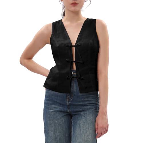 Amazhiyu Women's 100% Linen Summer Tie Front Sleeveless Crop Tops Casual Vest