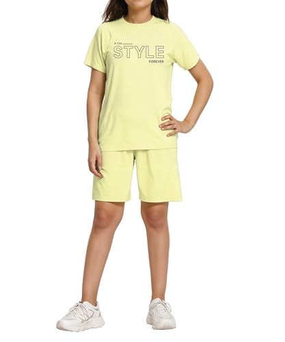 Image of KYDA KIDS Girls 100% Cotton Bio Washed Printed T-Shirt and Shorts Co-ords Clothing Set | Premium Soft & Breathable Summer Casual Comfort Outfit for Girls