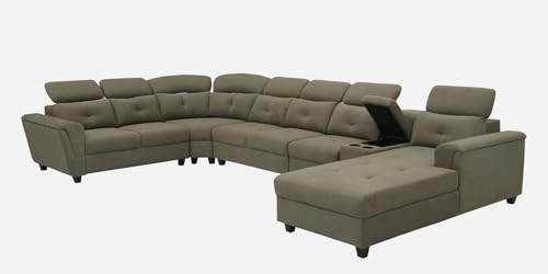 Image of Torque Arnold Fabric 8 Seater Sofa with Lounger and Cup Holder Beige | Corner Sofa Couch with Moveable Headrest | U Shape Sectional Sofa Set Living Room Office Home