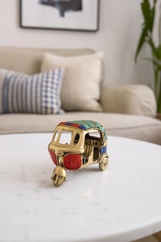 Two Moustaches 100% Pure Brass Vintage Style Auto Rickshaw Miniature, Brass Decor Showpiece,4.5 x 2.4 x 3 Inches, Multicolored Gemstone Work Tuktuk Showpiece, Weight - 450 Grams, Standard, Pack of 1