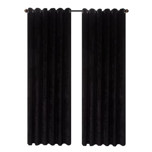 CHARKHAH Crushed Velvet Curtains for Bedroom Living Room Kitchens Ultra Soft and Graceful Fabric Pair of Fully Lined Prepared Blackout Curtain with Eyelet Ring Top (Black, 46" Wide x 54" Drop)
