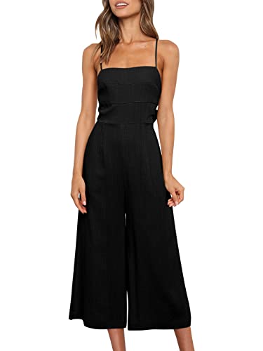 Caracilia Women's Summer Spaghetti Strap Wide Leg Jumpsuit Dressy Sleeveless Tie Back High Waist Black Romper With Pockets C53A4-Heise-M #TOP14