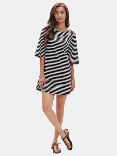 Image of EXLURA Women's Summer T Shirt Dress Casual Short Sleeve Loose Striped Mini Dresses 2026 Vacation Beach Sundress Pockets