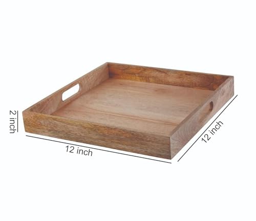 Image of Mango Wood Hamdan Large Serving Tray, Tray With Cutout Handles, Rectangle Butler For Breakfast In Bed, Coffee Table Decor, Party (Natural Sqaurerectangular)
