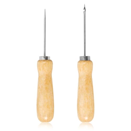 OQKAHIV 2 pcs Alène à coudre en cuir, Couture Poinçon, Alène En Cuir Poinçon, Poinçon avec poignée en bois pour la couture, Machine À Coudre En Cuir Ronde À Manche, pour coudre et poinçonner le cuir