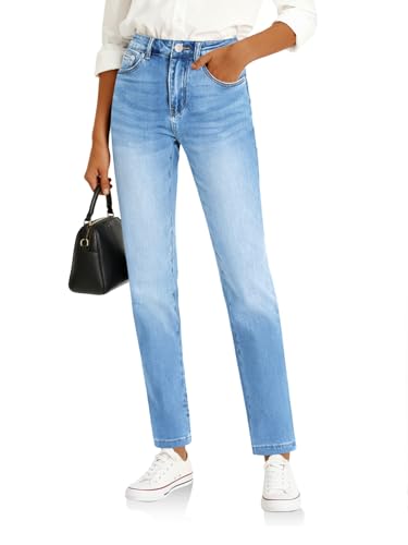 Image of Cicy Bell Womens Straight Leg Jeans High Waisted Mid Rise Stretchy Denim Pants Tapered Petite Jeans