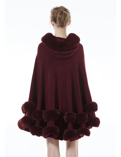 BEAUTELICATE Women Knit Cape Coat Knitted Hooded Cloak Poncho with Fur Trims Faux Fur Shawl4