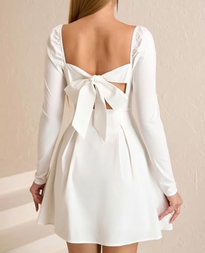 Women Long Sleeve Fall Mini Dress Bow Tie Party Cocktail Wedding Guest Square Neck Short Dresses2
