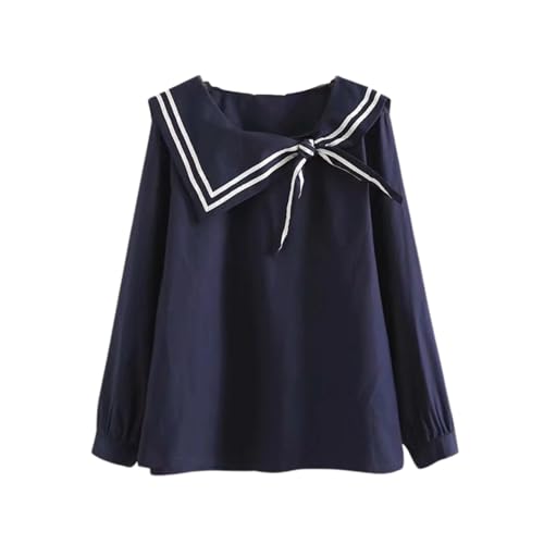BAIMORE Teen Girls Cute Striped Sailor Collar Bow Front Long Sleeve Irregular Blouse