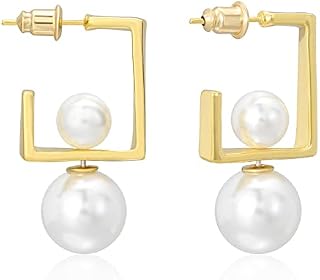 MESOVOR Detachable Multi-Wearing Pearl Drop Earrings, 16K Gold Plated Geometric Open Hoop Earrings | Double-Sided Pearl Ball Stud Earrings for Women
