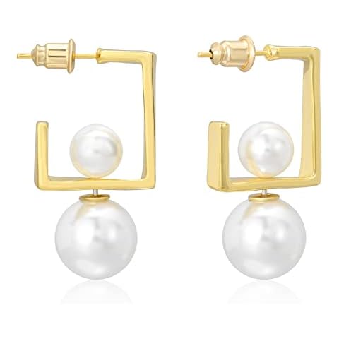 MESOVOR Detachable Multi-Wearing Pearl Drop Earrings, 16K Gold Plated Geometric Open Hoop Earrings | Double-Sided Pearl Ball Stud Earrings for Women Girls(Gold) Cover