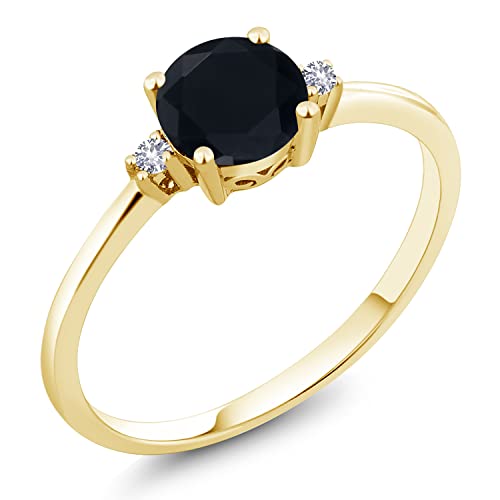 Gem Stone King 10K Yellow Gold Black Onyx and White Created Sapphire Solitaire Engagement Ring For Women (0.83 Cttw, Round 6MM, Gemstone December Birthstone, Available in Size 5,6,7,8,9)