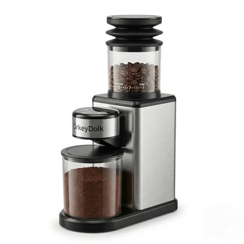 OrkeyDolk®Elektrische Kaffeemühle mit Kegelmahlwerk, 25 Mahlgrade, für Espresso, Filter & Mokka, Leise Kaffeemühle mit 2–12 Tassen, Edelstahl-Mahlwerk, LED-Display