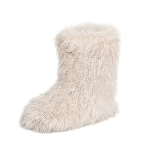 Wild Diva MELANIE-21 Womens Y2K Rave Trendy Fluffy Faux Fur Mid-Calf Winter Fashion Snow Boots (Beige US Footwear Size System Adult Women Numeric Medium 9)