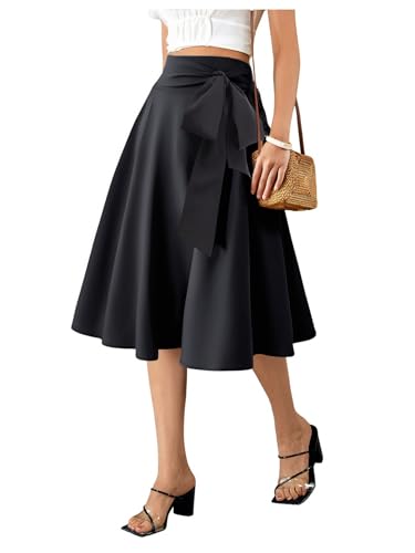 Women's Bow Tie Midi Skirt High Waisted Flared A Line Flowy Elegant Skirts