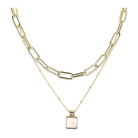 Jiulory Gold Plated Layered Choker Necklace Double Chain Necklace with Delicate Paperclip Links, Graceful Mother of Pearl Pendant, Perfect Stacking Piece - Ideal Gift for Women Cover