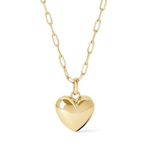 Ana Luisa Lev Puffy Heart Necklace for Women - Paperclip Chain w/ 14K Gold Plated & Silver Rhodium Plated Small Puffed Heart Pendant - Hypoallergenic, Water-Resistant, Tarnish-Free Jewelry