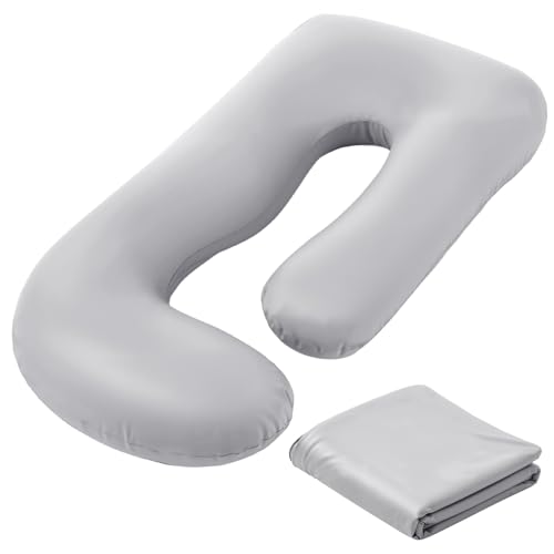 Hahafelt Cooling Pregnancy Pillow Cover (Only Pillowcase) 59 Inch Large J Shaped Full Body Pillowcase Maternity Stretchy Soft Breathable Cool Pillow Cover with Zipper for Side Sleeper (Gray)