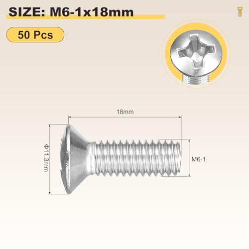 Image of METALLIXITY Semi-Countersunk Oval Head Machine Screws (M6-1x18) 50Pcs, 304 Stainless Steel Phillips Cross Recessed Machine Screw Bolts - for Furniture Assembly DIY Projects, Silver