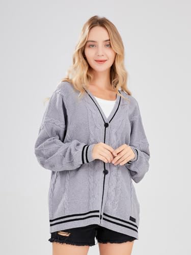 Image of ebossy Women's Open Front Stars Embroideried Cable Knit Cardigans Button Down Sweater Outwear