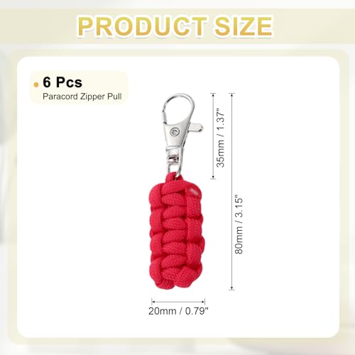 Image of YELARXI Paracord Zipper Pull Polyester Zipper Pulls Replacement Woven Rope with Metal Clasp, 80 mm Length Fit for Backpacks Clothing Luggage Accessories - Cylinder (6 Pack, Red)