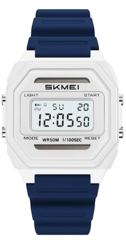 Gosasa Men's Solar Digital Sports Watch 10mm Ultra Thin 5ATM (White Blue) | Solar Assisted Digital Watch for Men Featuring a 0.39" Ultra-thin Case, 5ATM Waterproof Rating & Tactical Retro Style
