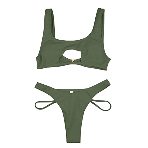 Women's Bikini Sets Two Piece Swimsuit Women's Cutout Bikini Sets Two Piece Sexy High Cut Cheeky Thong Bathing Suits Low Waisted Push up Swimsuits Army Green - Image 4