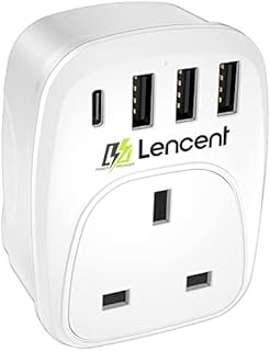 LENCENT USB Plug Charger UK with 1 Type C and 3 USB Ports, 1 Way Socket Extension, 5-in-1 USB Outlet Plug Extender for Household Appliances, iPhone, Smartphone Tablets, Ideal for Home Office 3250W