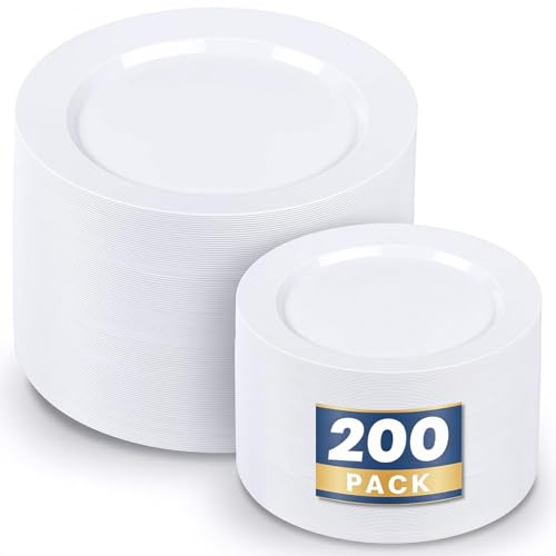Image of WDF 200pcs White Plastic Plates Disposable - Heavy Duty Plastic Plates for Party - Include 100 x 10 Dinner Plate and 100 x 7 Dessert /Cake Plate - Ideal for Weddings /Parties /Events