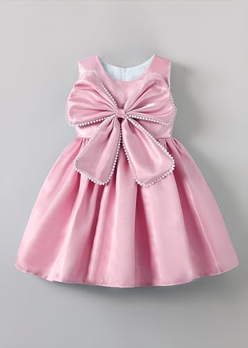 Image of Buy & Try Girls Frock Dress Crystal Moti Embellished Sleeveless Butterfly Design | Knee Length Birthday Dress for Kids with Zipper Closure
