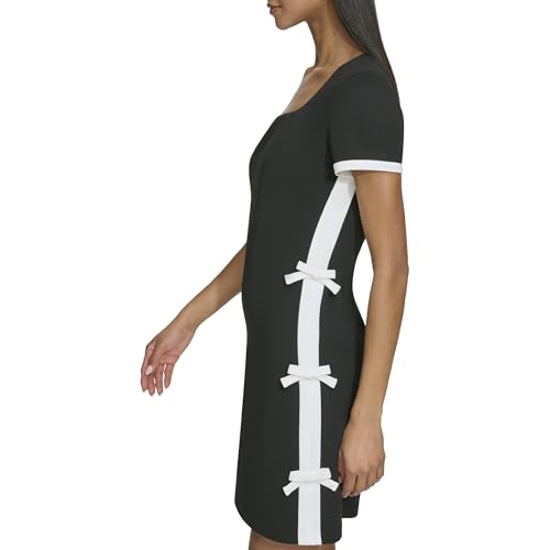 Image of Karl Lagerfeld Women's Short Sleeve Square Neck Bow Embellished Shift Mini Dress