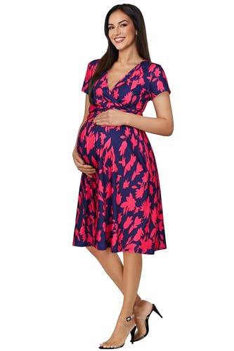 Image of OUGES Maternity Nursing Dress Breastfeeding Short Sleeve V Neck Casual Pregnancy Clothes with Pockets