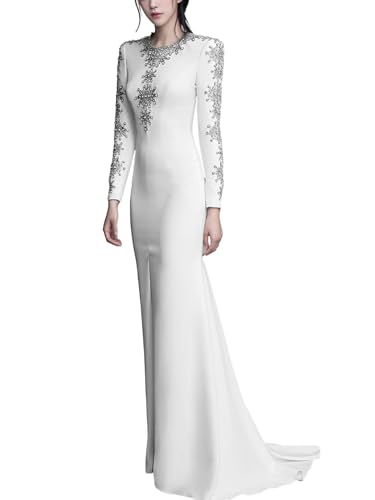 Amazon.com: platlogy Luxury Formal Party Dress Crystal O Neck Wedding Evening  Dresses Long Sleeves Trumpet/Mermaid Women's Evening Gowns White : Clothing,  Shoes & Jewelry