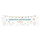 Striefchen® Tischläufer zur Einschulung personalisiert mit Name – 2 Größen – Tischdeko für den Schulanfang – individuelle Tischdecke als Dekoration zum Schulstart (Endlich Schulkind, 40 cm x 150 cm)