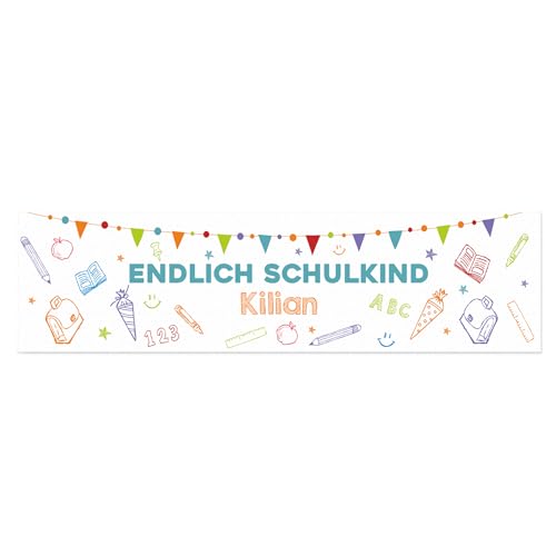 Striefchen® Tischläufer zur Einschulung personalisiert mit Name – 2 Größen – Tischdeko für den Schulanfang – individuelle Tischdecke als Dekoration zum Schulstart (Endlich Schulkind, 40 cm x 150 cm)