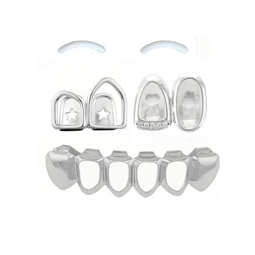 SSyang 18K Hip Hop Teeth,Grills for Mouth Braces Decoration,with 2 Silicone Moldings Hip Hop Teeth,Grills for Mouth Top Bottom Music Festival Party Hip Hop Rapper Decorations,Silver
