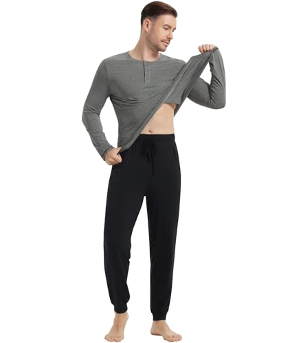 Image of NACHILA Mens Pajamas Set Long Sleeve Henley Sleepwear Top Soft Jogger Pants Pajamas Cool Pjs Set,Viscose Made from Bamboo