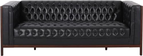 Image of Merax Modern PU Sofa Set, Couch with Button-Tufted Diamond Stitching, Rubberwood Frame, Tuxedo Arms, Low Profile Design Mid-Century Modern Style, Black