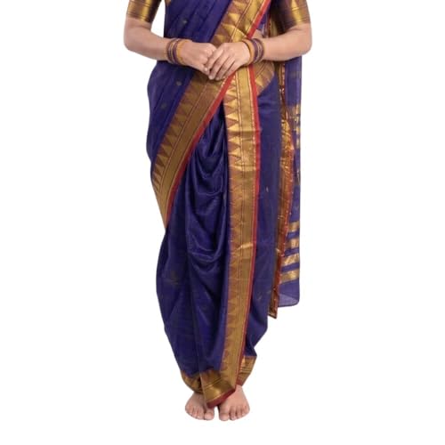 Image of Mom and Me Women Ready to Wear Nauvari Saree, Maharashtrian Peshwai Paithani, 9 Yard Readymade, Acrylic Cotton, Free Size, Traditional Ethnic Saree, with Blouse Piece