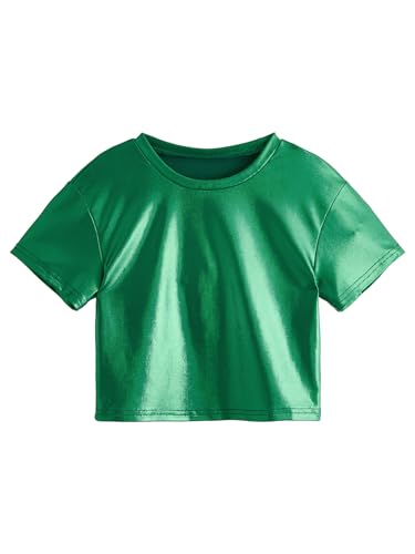 Image of Verdusa Girl's Metallic Crop Tee Top Sparkle Neon Shirts Concert Outfits