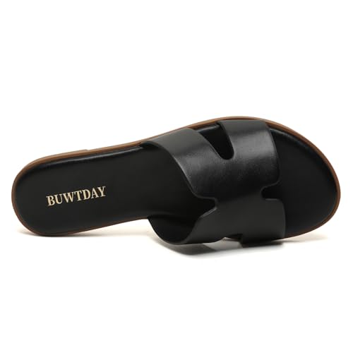 Image of Womens Flat Sandals Dressy Summer Slides Comfortable Casual Open Toe Vacation Sandals Slip On Slides Leather Sandals for Women