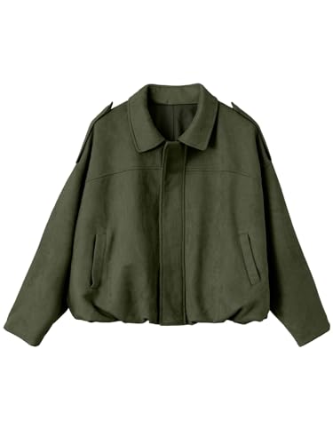 EVALESS Womens Faux Suede Bomber Jackets Long Sleeve Fall Coats Zip Up Cropped Jacket Trendy Winter Warm Outerwear