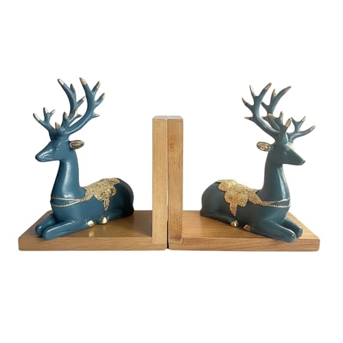 Image of eCraftIndia Wooden Book End with Resin Reindeer Sculptures Showpiece for Home Decor Office Table | Gift for Housewarming Birthday