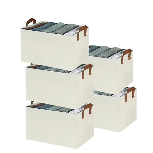 Image of DALUCI Foldable Cloth Organizer for Wardrobe - Fabric Storage Box with Metal Frame & Handles - Collapsible & Foldable Storage Box and Organiser for Clothes, Sarees, Towels - (Beige, Pack of 5)